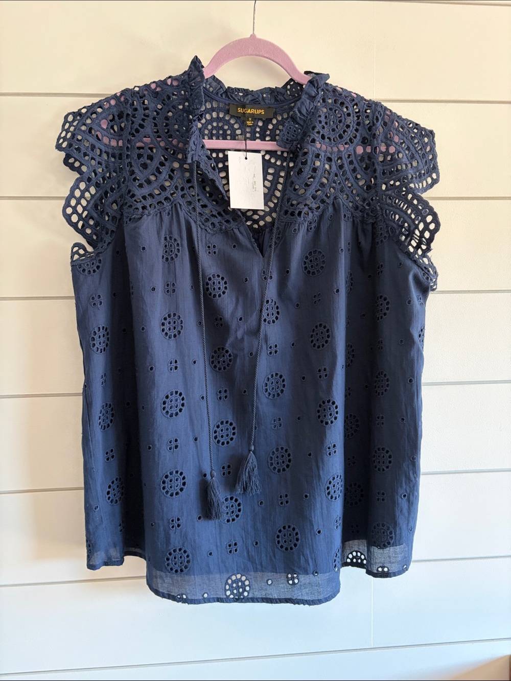 Sugarlips Navy Eyelet Tassel Sleeveless Cotton Top NWT Size 1X